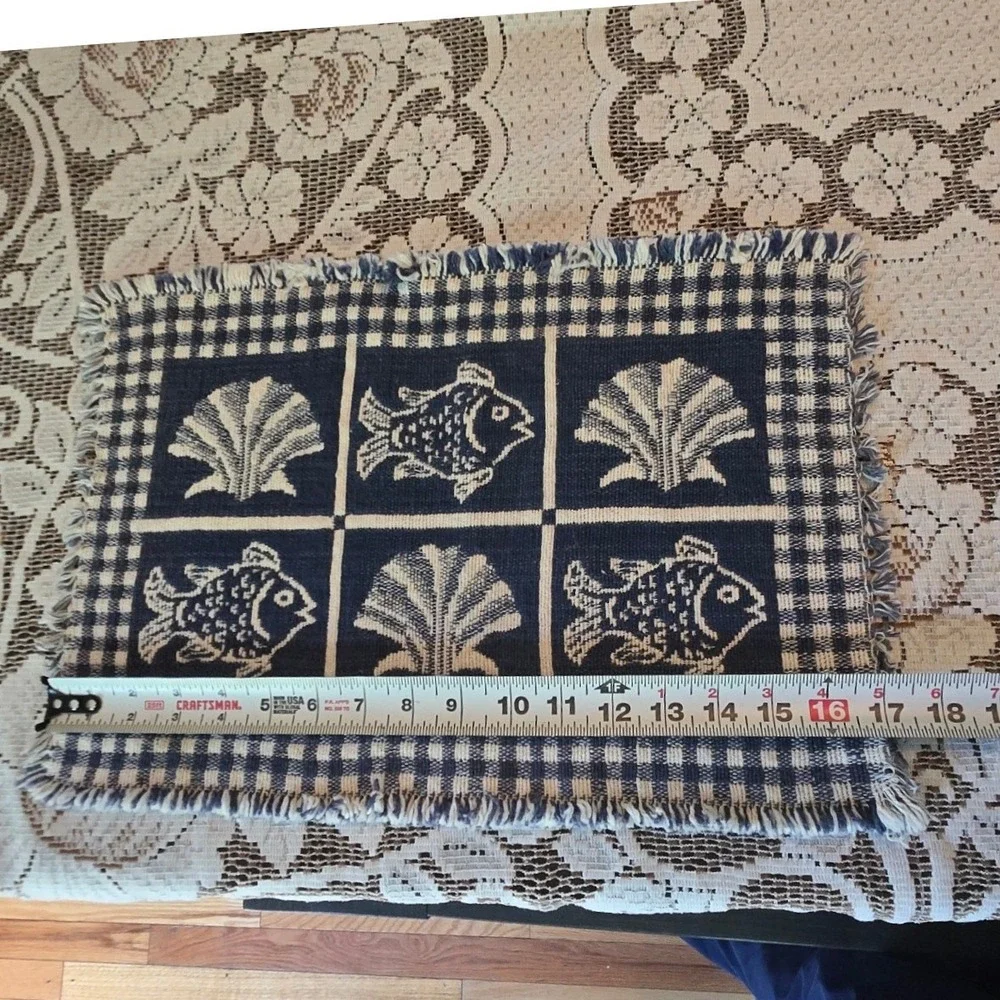 Vintage Coastal Navy Blue Woven Fish and Shell Placemats Set of 2 Fringed 12x17